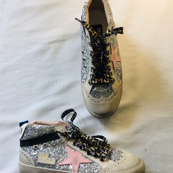 Golden goose mid star Silver Glitter High-Top Sneakers with Pink Star - Picture 6 of 16
